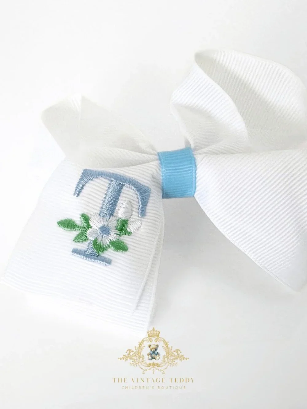 NWT Pretty Girls Hair Bows Floral Embroidered Grosgrain Ribbon Letter T Set of 2
